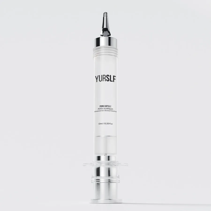 A smiling woman in a white lab coat and glasses holds up a syringe-like cosmetic applicator.