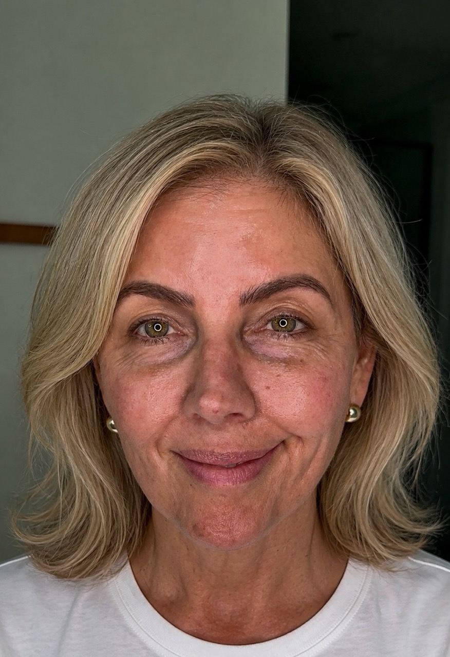 A close-up portrait of a smiling woman with blonde hair and green eyes, wearing a white shirt.