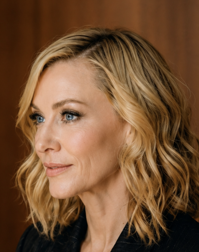 A headshot of a blonde woman with blue eyes looking to her right against a brown background.