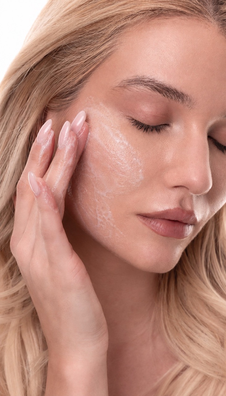 A close-up of a blonde woman with her eyes closed, applying a cleanser to her cheek.