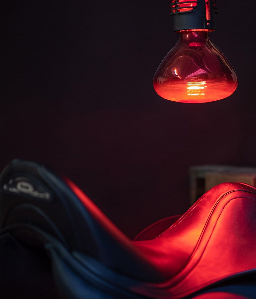 Red light bulb illuminating a black leather saddle.