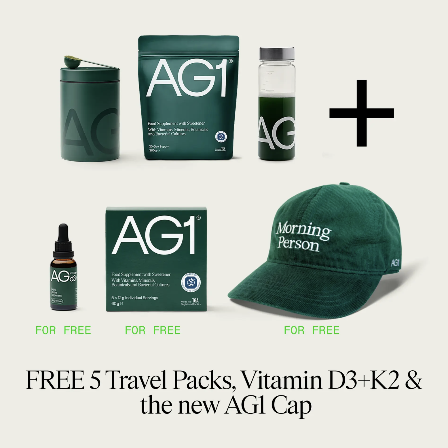 AG1 supplement products and a green cap with 'Morning Person' text.