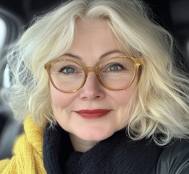 A person with glasses and blonde hair, wearing a yellow scarf and smiling.
