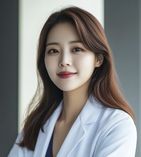 Portrait of a woman in a white coat smiling softly.