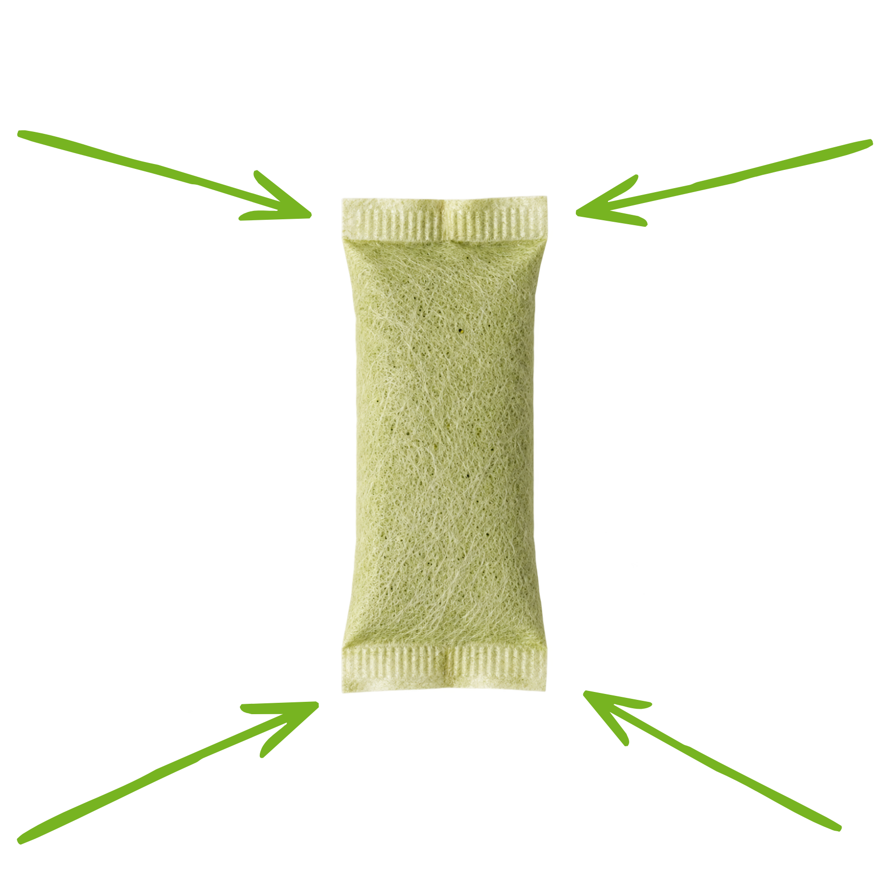 A close-up of a hand holding a small, light green pouch between the thumb and index finger.