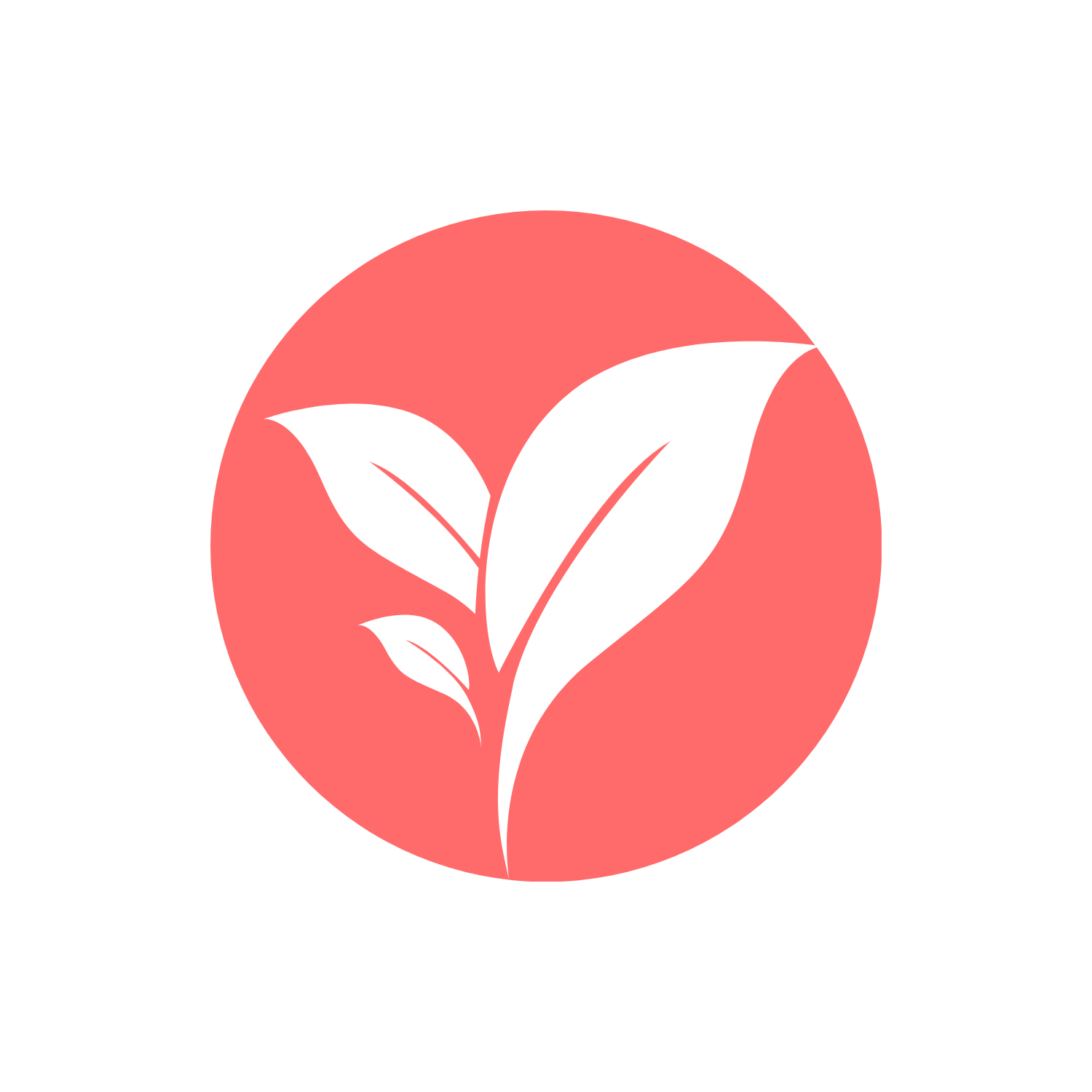 A white graphic of three leaves inside a pink circle on a black background.