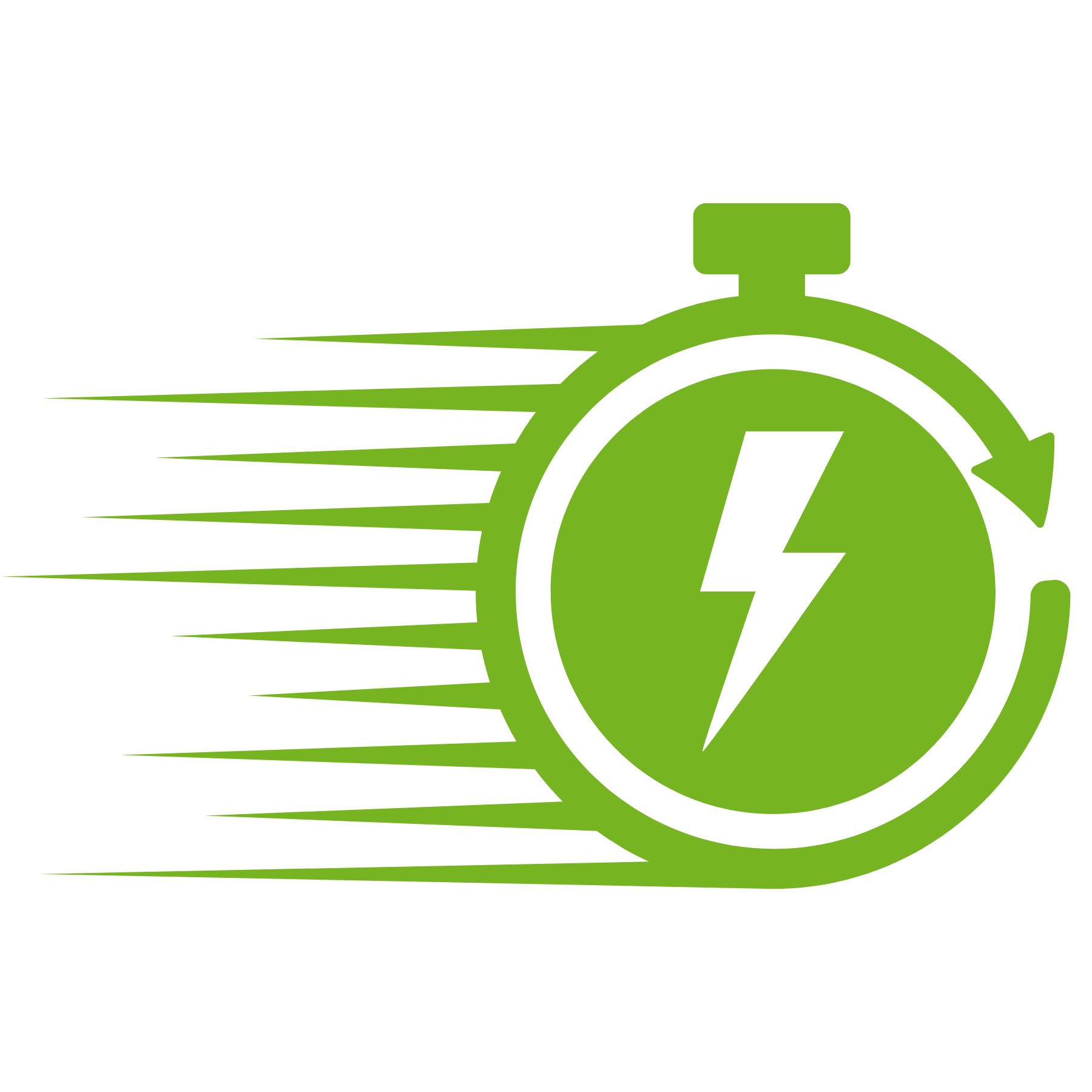 A green stopwatch icon with a lightning bolt, circular arrow, and speed lines, symbolizing fast charging.