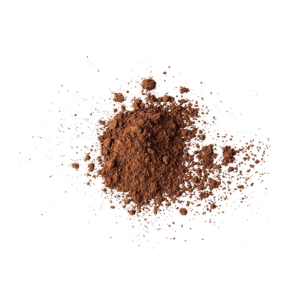 A pile of brown powder scattered on a white background.