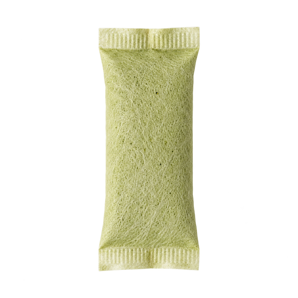 A single, light green, fibrous pouch with sealed ends, isolated on a white background.