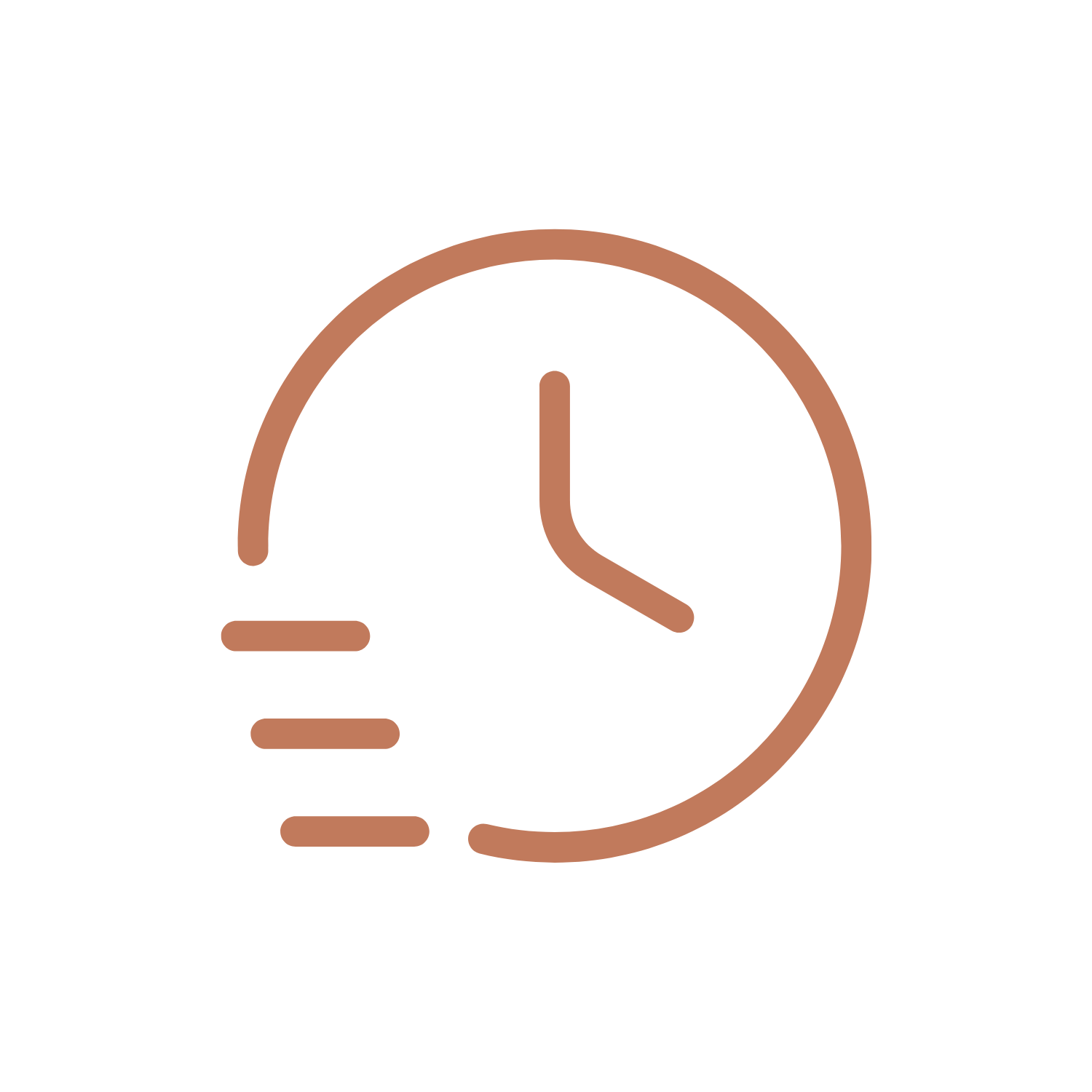 Minimalistic clock icon with motion lines, brown on black background.