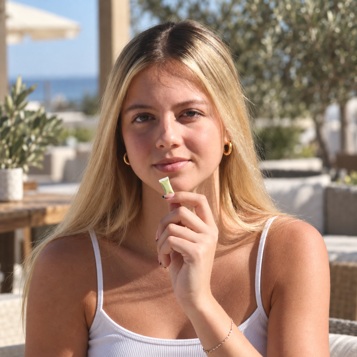 A young woman with blonde hair holds a small green packet outdoors while looking at the camera.