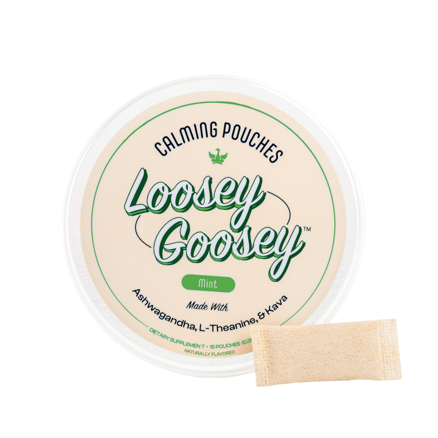 A container of Loosey Goosey Mint Calming Pouches with one pouch shown next to the tin.