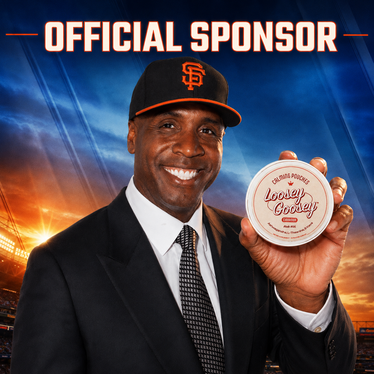 A man in a suit and San Francisco Giants cap smiles, holding a container of Loosey Goosey calming pouches.