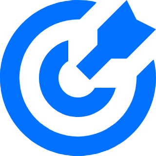 Blue target with arrow hitting the center on a white background.