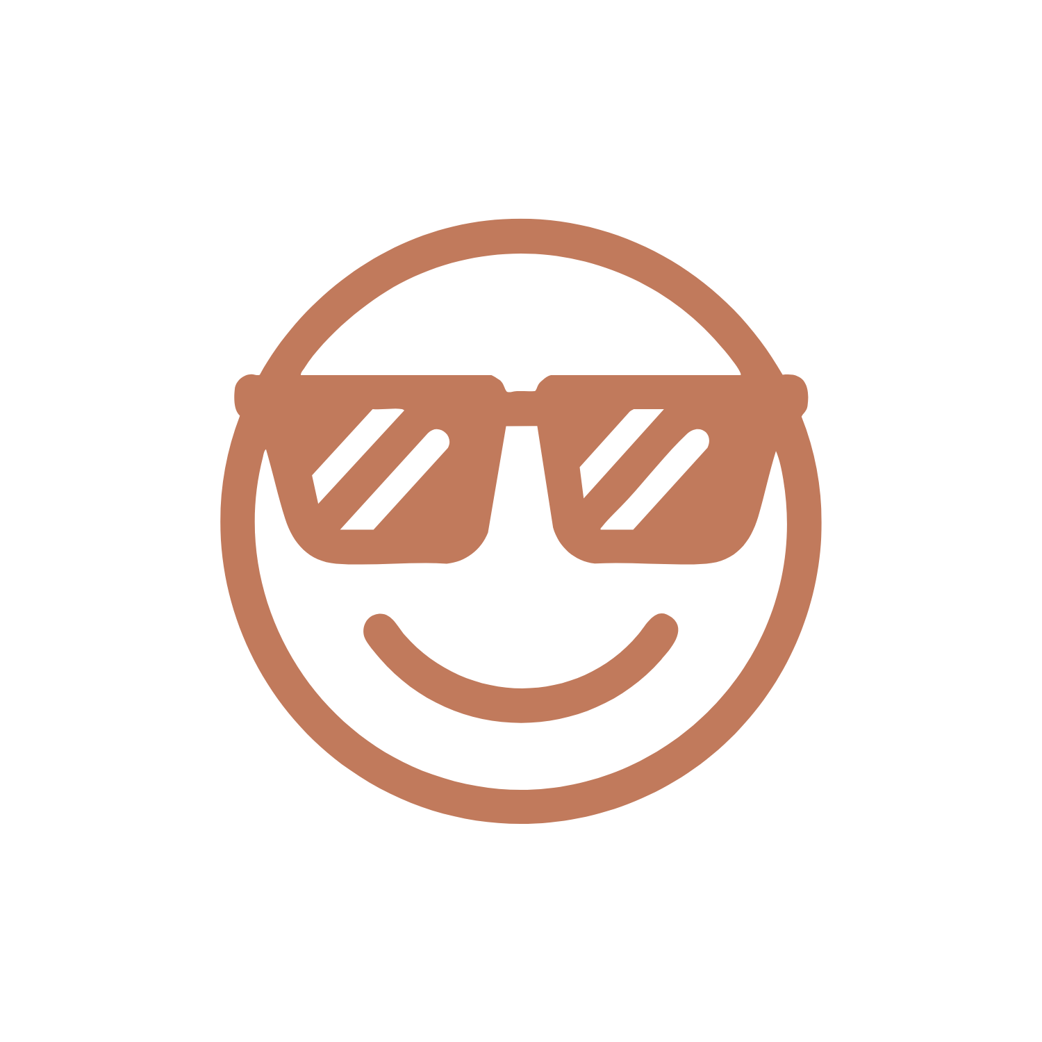 Smiling face emoji wearing sunglasses in brown on a black background.