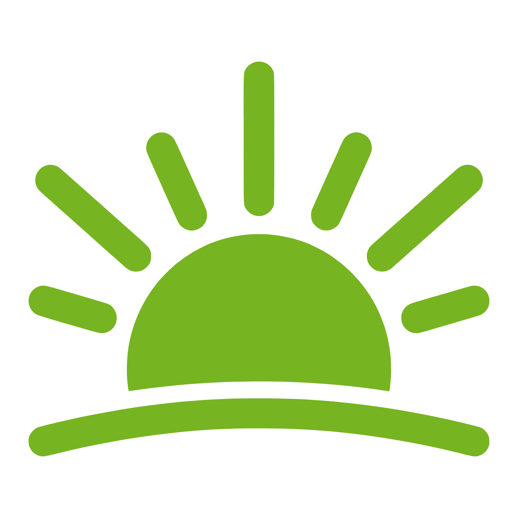 A green stylized icon of a sun rising over a curved line.