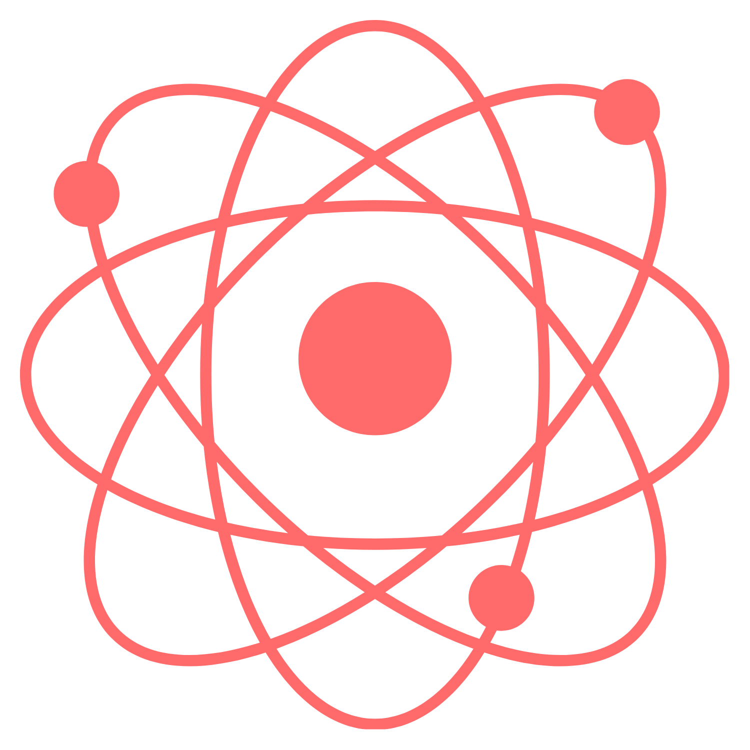 Red atomic structure icon on black background.