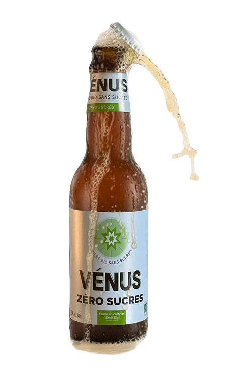 A bottle of Vénus Zéro Sucres beer fizzing and spraying out as it is opened.