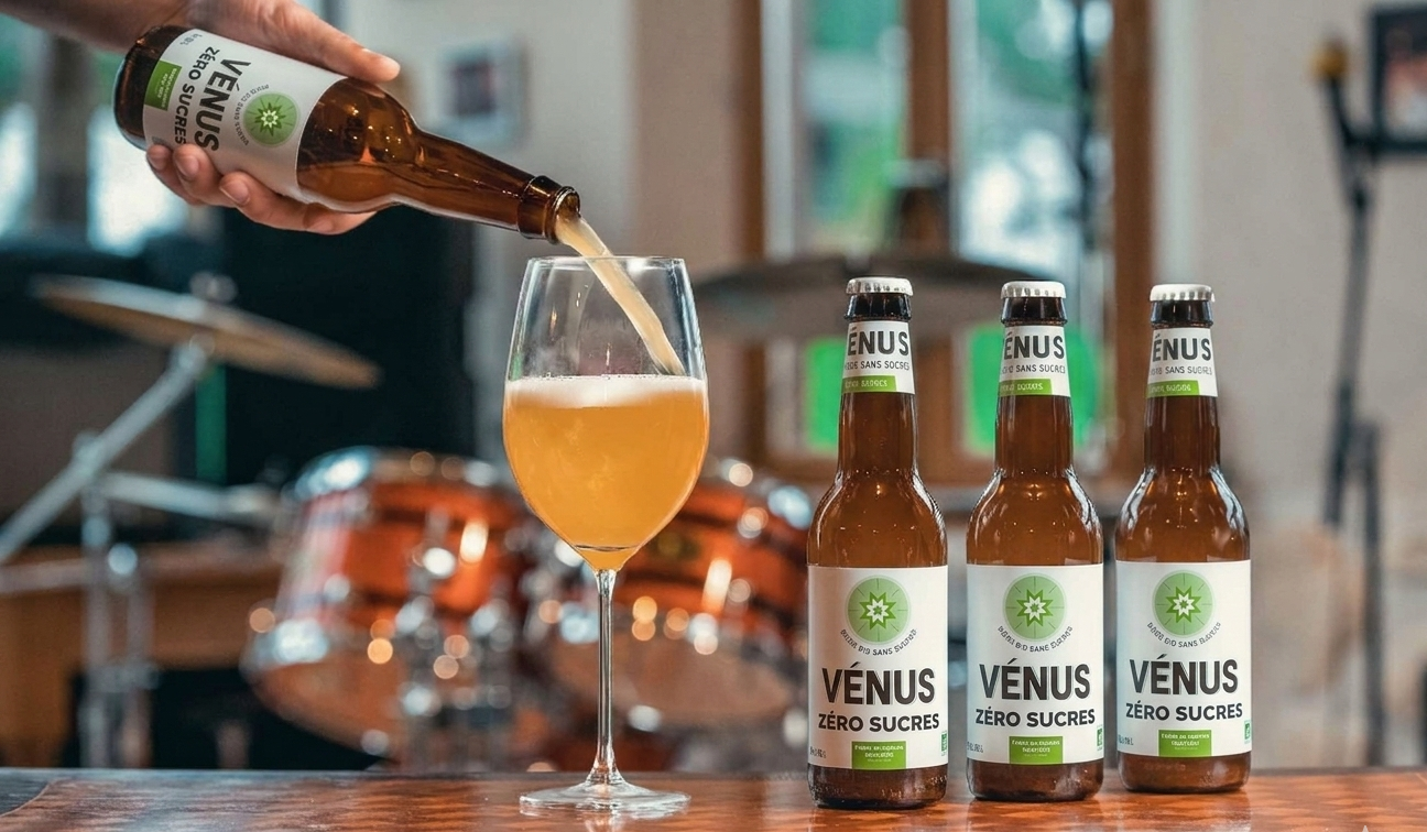 A person pours a Vénus Zéro Sucres drink from a brown bottle into a stemmed wine glass.