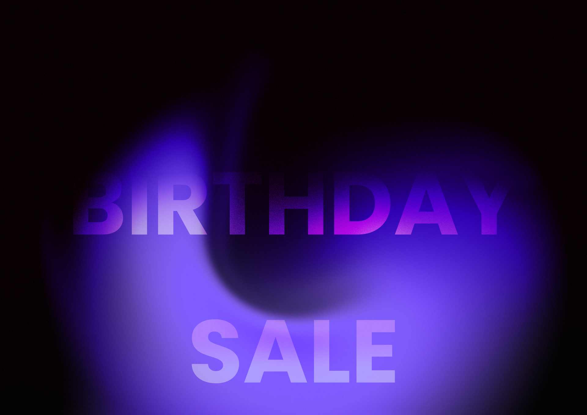 The words 'Birthday Sale' in shades of purple text over an abstract, glowing purple and black background.