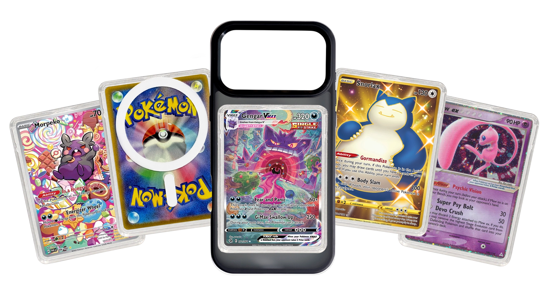 A collection of Pokémon trading cards, with a Gengar VMAX card displayed in a black phone case.