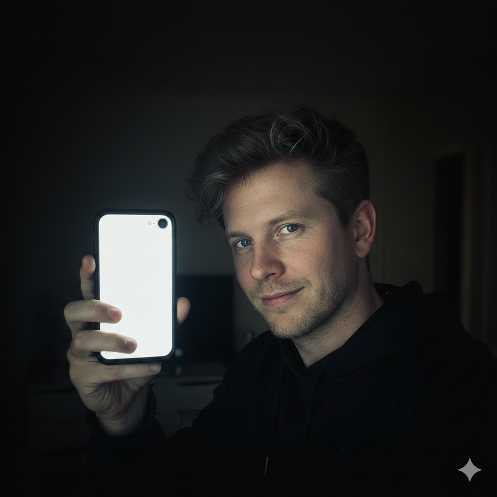 A man in a dark room holds up a smartphone with a brightly lit, blank white screen.