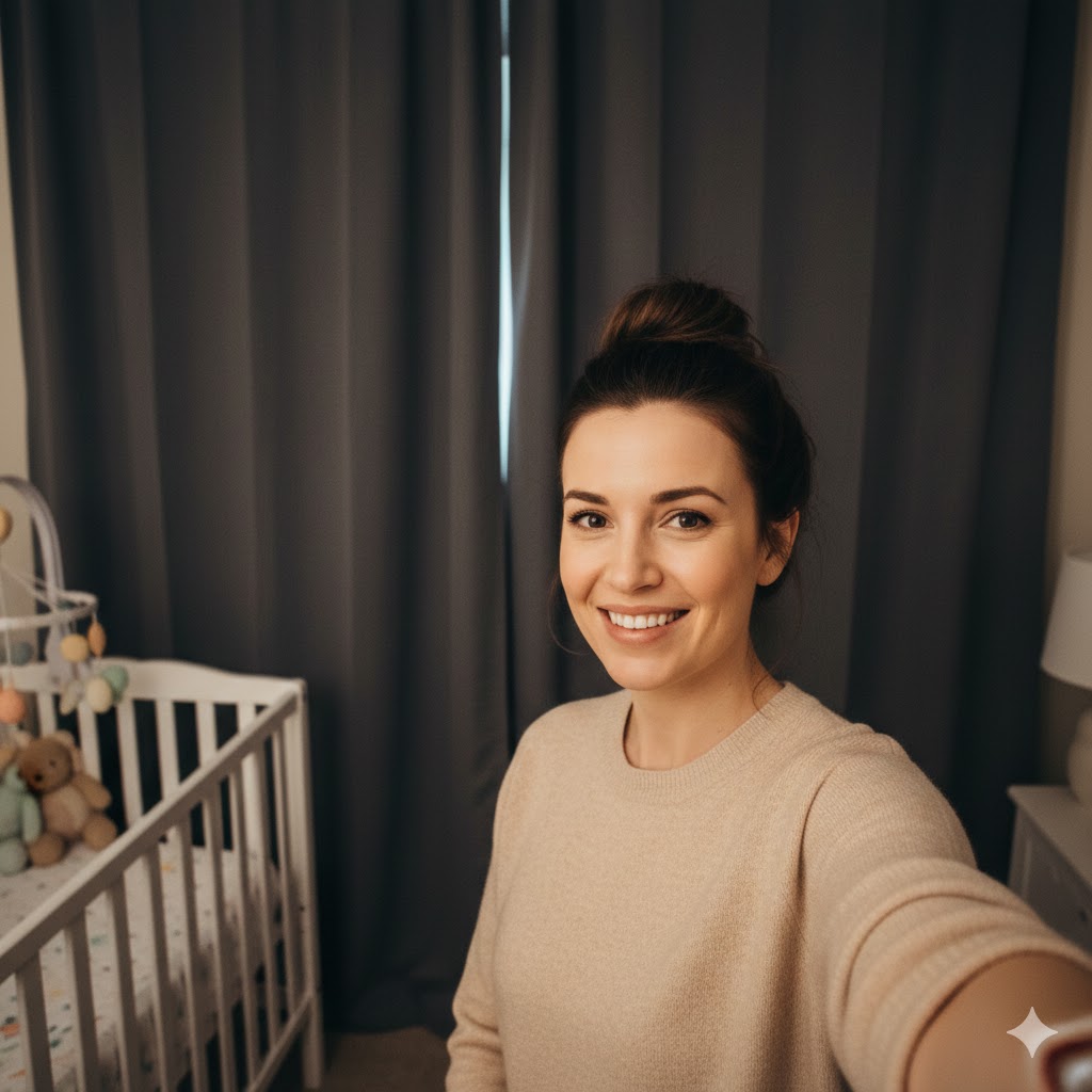 A smiling woman with her hair in a bun takes a selfie in a nursery.
