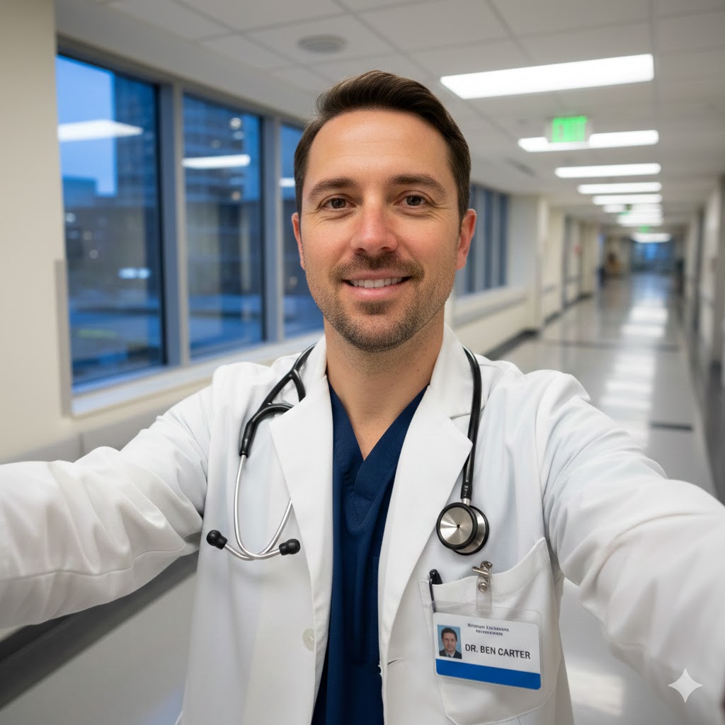 A smiling doctor in a white coat and scrubs takes a selfie in a hospital hallway.