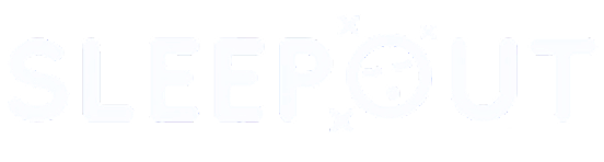 White text 'SLEEPOUT' with stars and a moon on a black background.