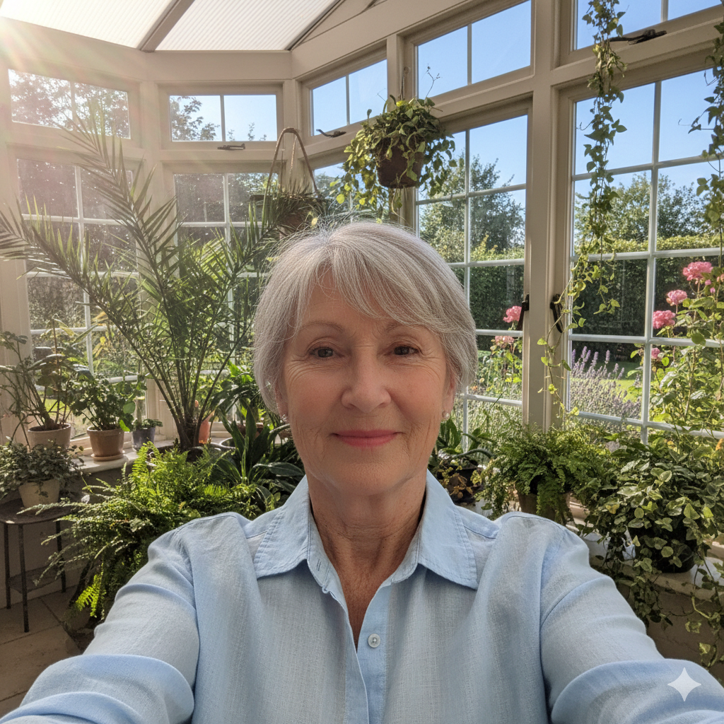 A woman with short grey hair takes a selfie in a sunlit conservatory filled with plants.