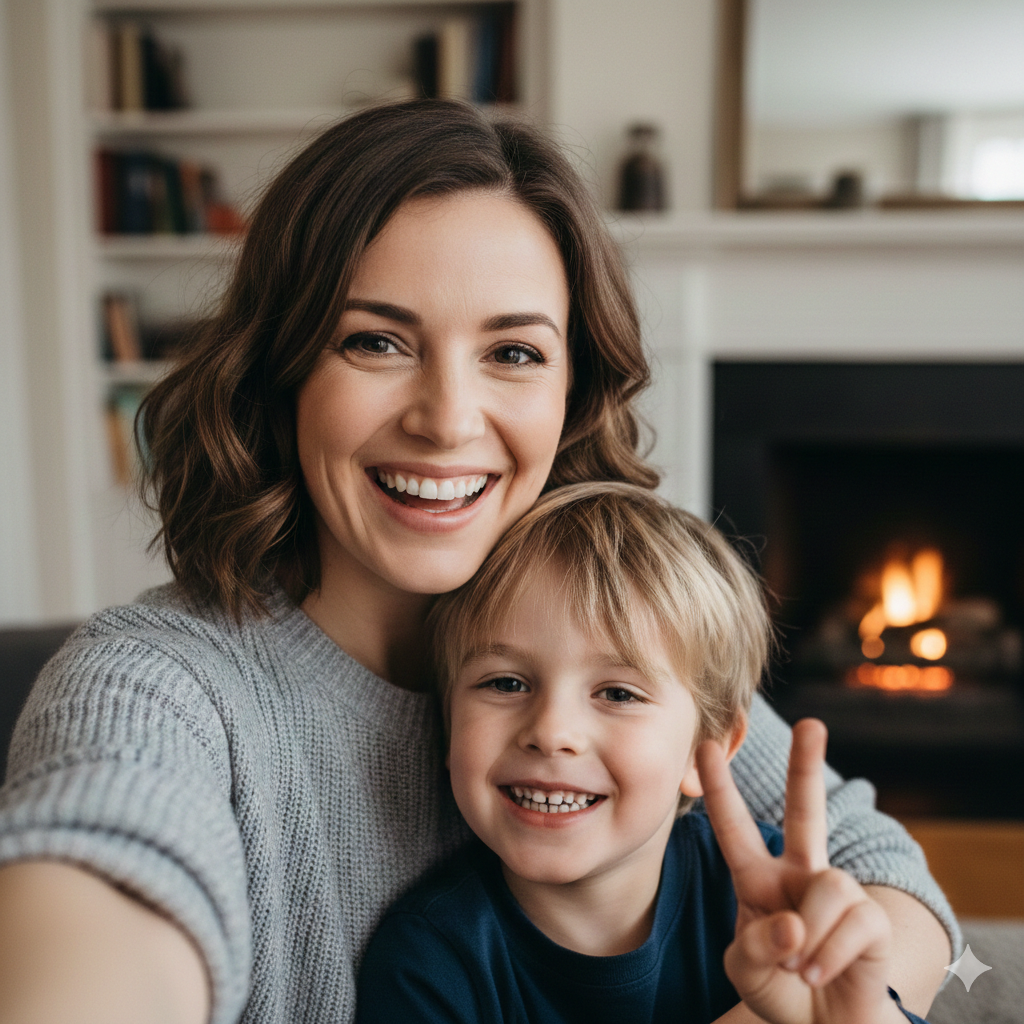 A smiling woman takes a selfie with a young boy who is making a peace sign.