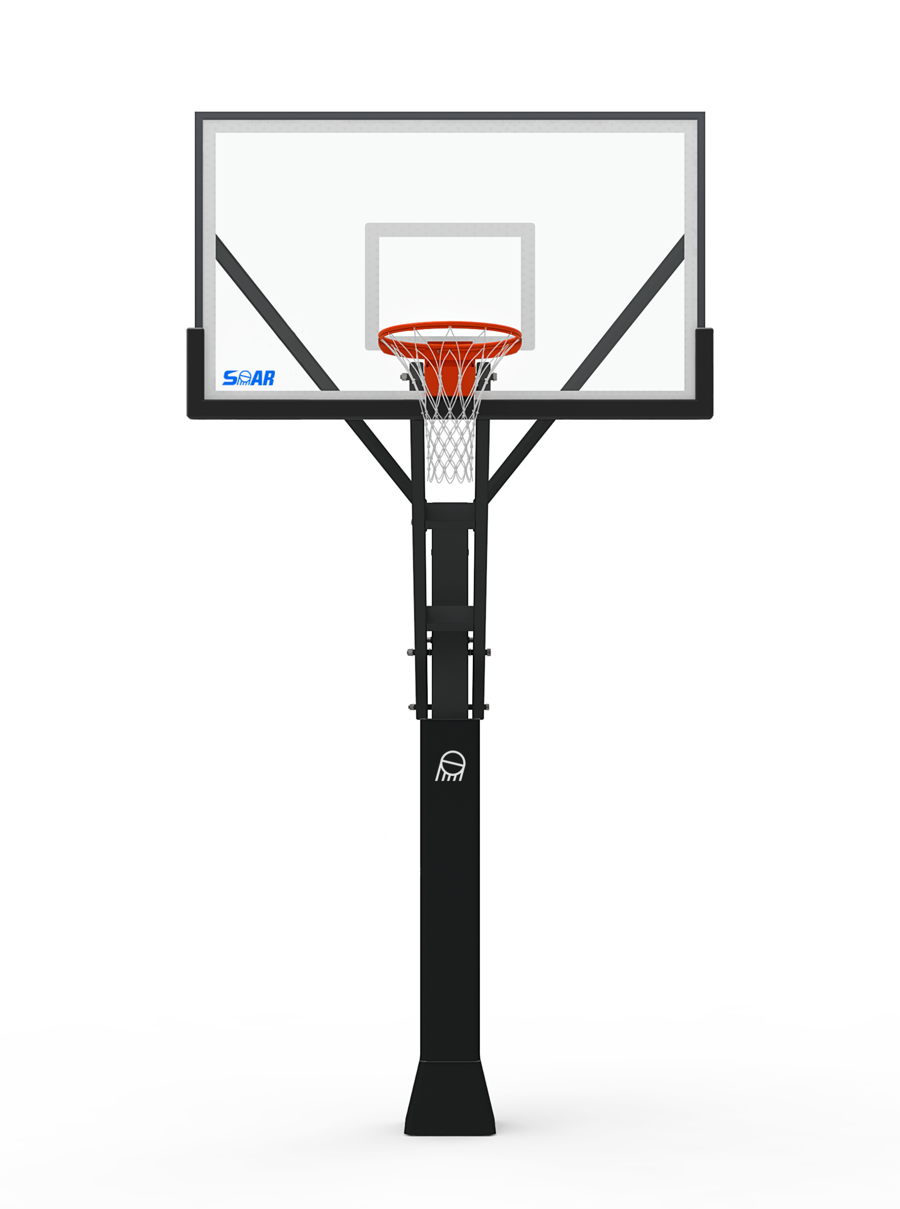 Basketball hoop with a black pole and clear backboard.