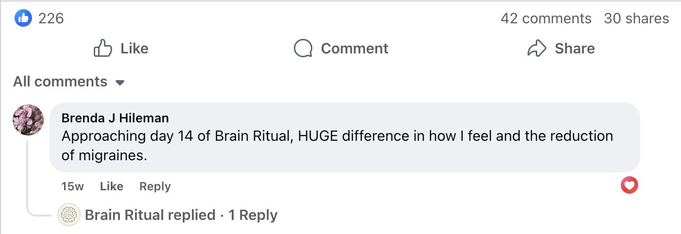 A social media comment discussing brain ritual benefits with likes, comments, and reply options.