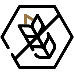A black and brown icon of a stalk of wheat crossed out inside a hexagon.