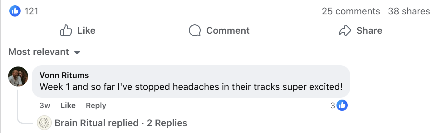 A Facebook comment about stopping headaches with likes, comments, and shares displayed.