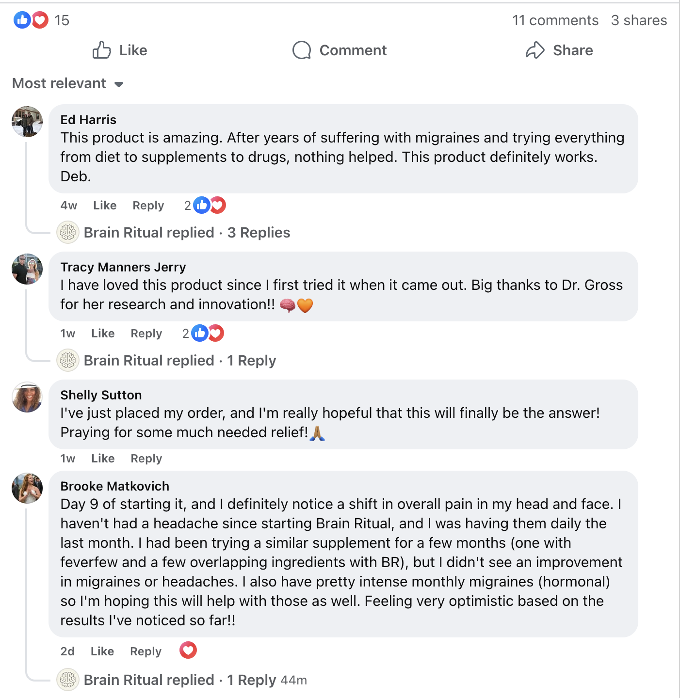 Facebook posts discussing a migraine relief product, Brain Ritual, with positive user comments.