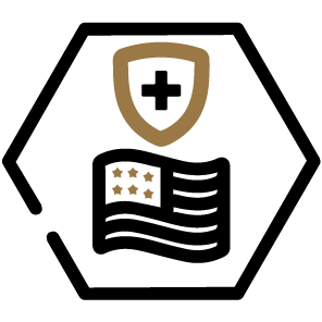 Icon of a stylized American flag and a shield with a plus sign, inside a hexagon outline.