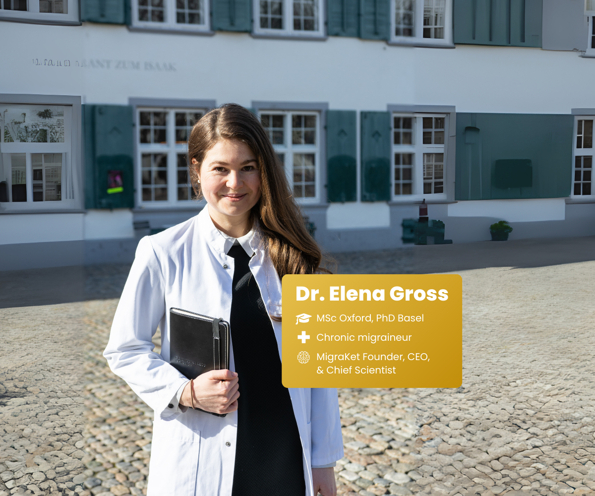 Person in a white coat holding a tablet, standing outside a building with text overlay.