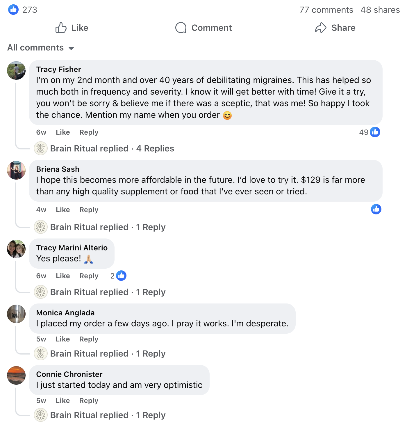 Facebook comments discussing a product for migraine relief and pricing concerns.