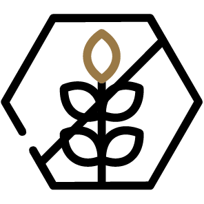 An icon of a stalk of grain inside a hexagon with a diagonal line through it.