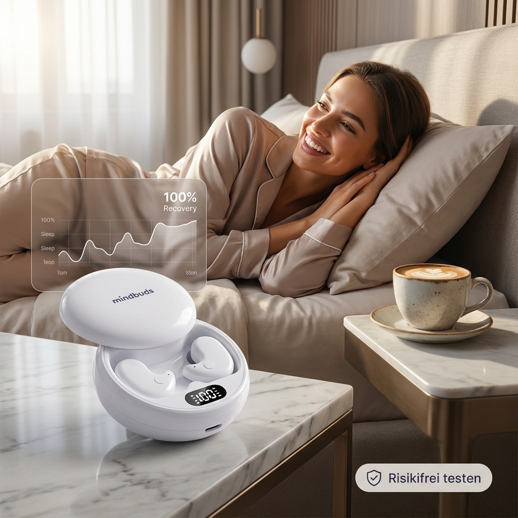 A smiling woman lies in bed next to a nightstand with a coffee and Mindbuds earbuds in their case.