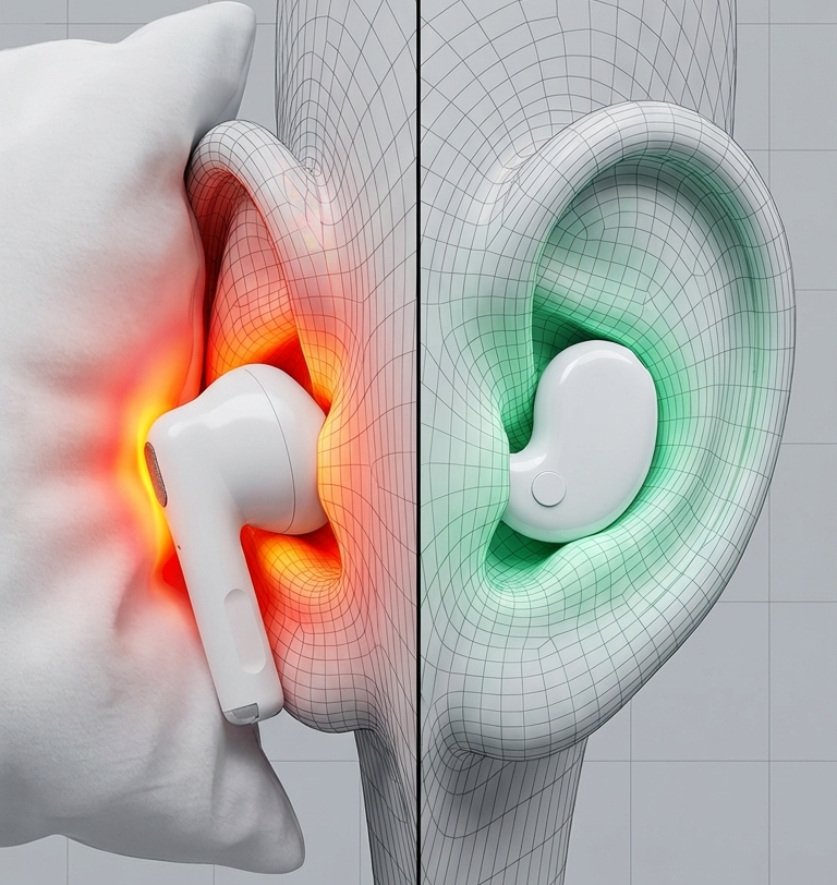 A graphic comparing two earbuds, with one causing red pressure points and the other showing a comfortable green fit.