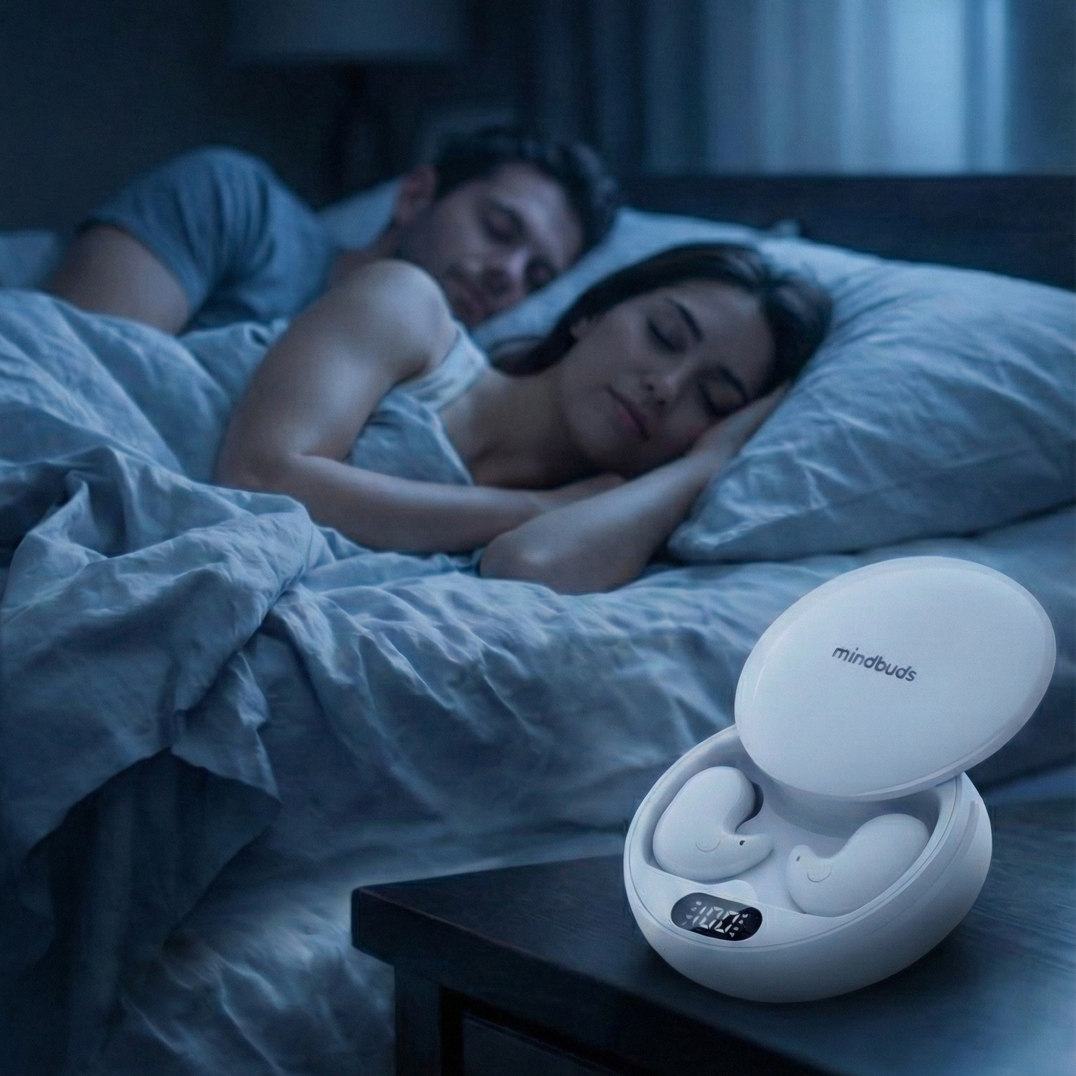 Couple sleeping with wireless earbuds in a case on a nightstand.