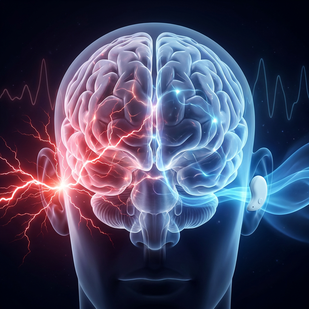 Illustration of a brain contrasting red chaotic signals with blue calming signals from a hearing aid.