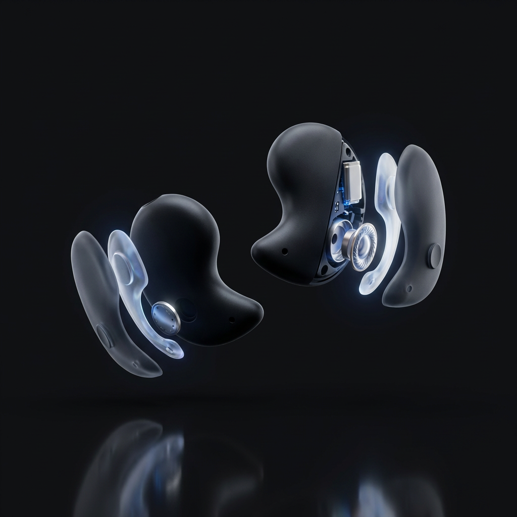 An exploded view of a black wireless earbud, revealing its internal components next to a fully assembled earbud.