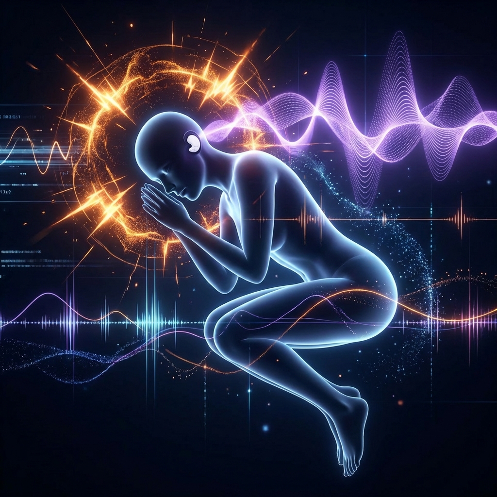 A glowing, translucent figure in a fetal position surrounded by colorful, abstract sound waves and light.