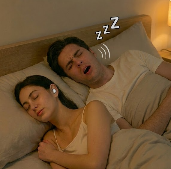 A woman sleeps soundly wearing an earbud while a man snores loudly next to her in bed.