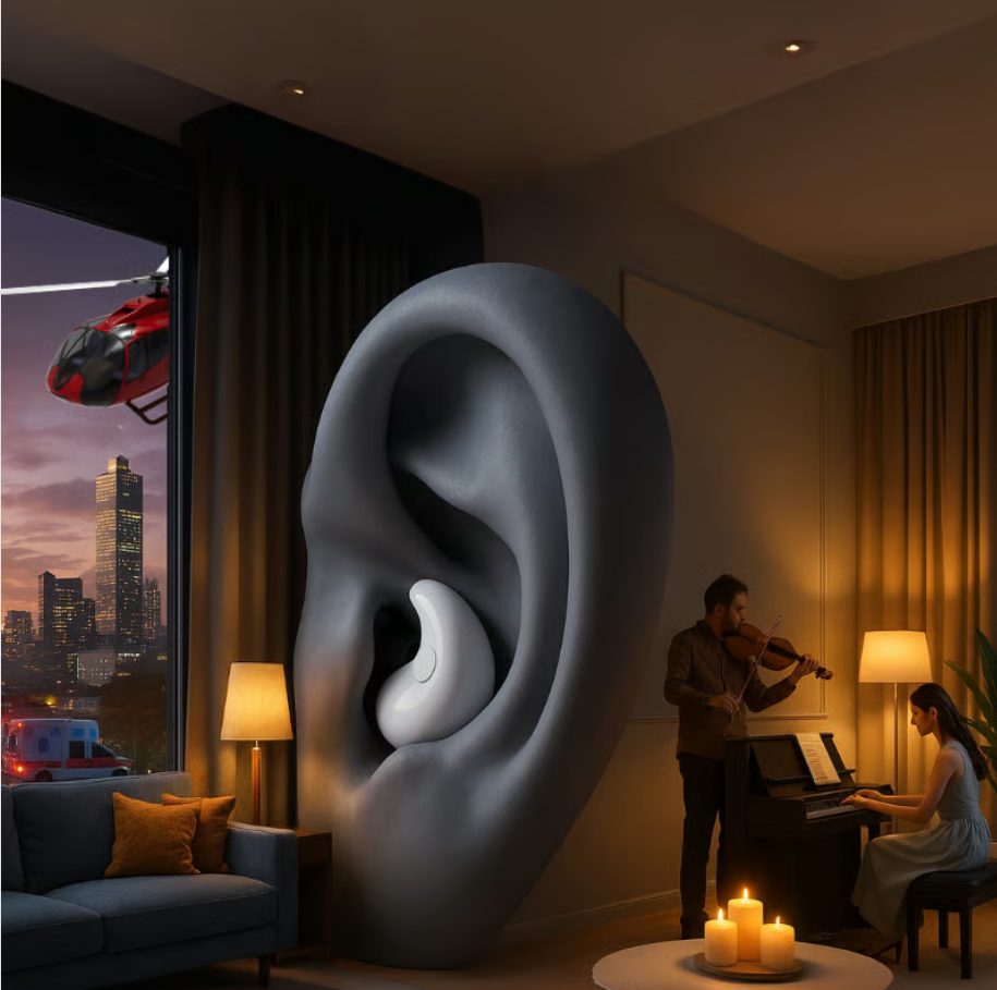 A large ear sculpture with a hearing aid, musicians playing piano and violin, cityscape outside window.