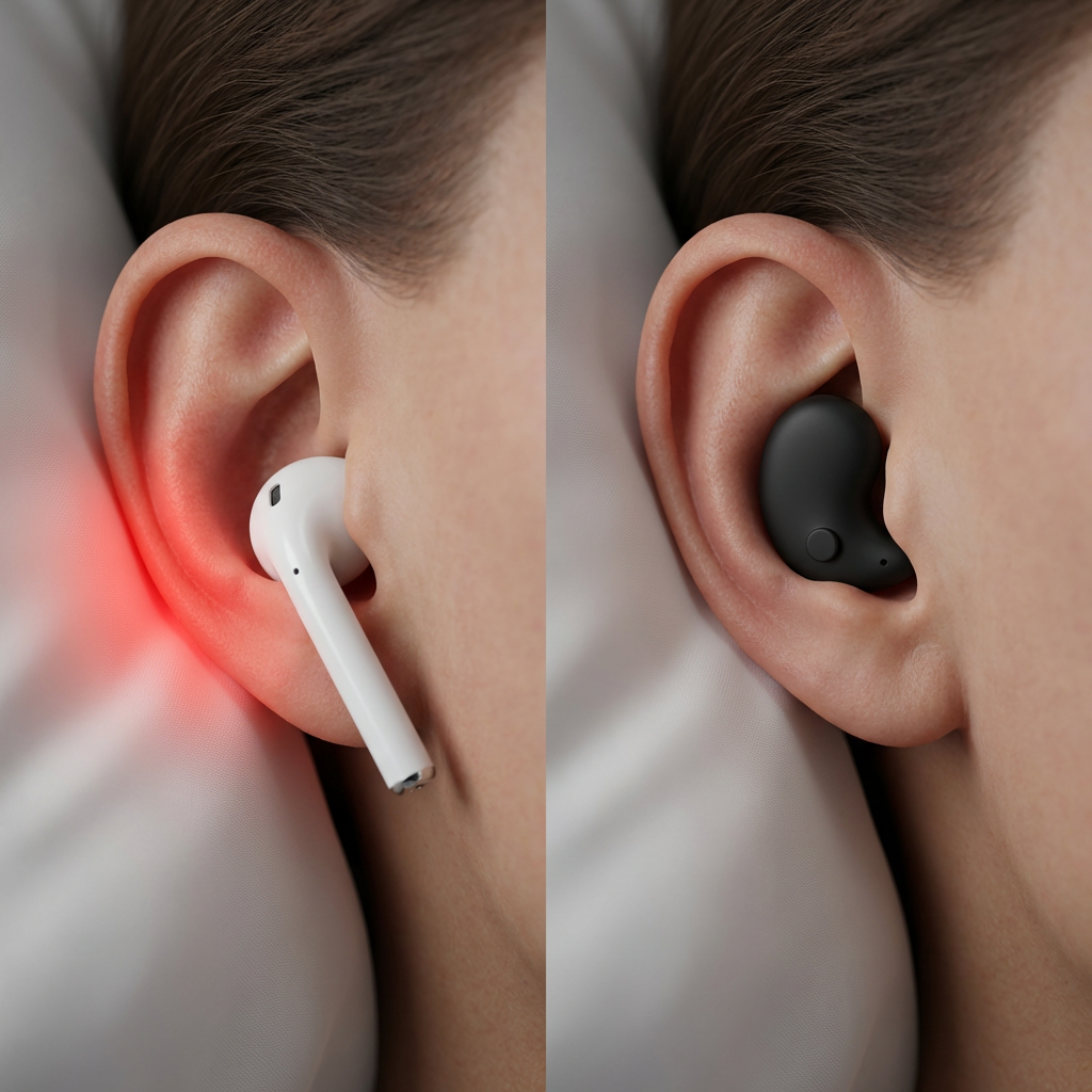 Side-by-side comparison of an ear with a white earbud causing redness and an ear with a black earbud.