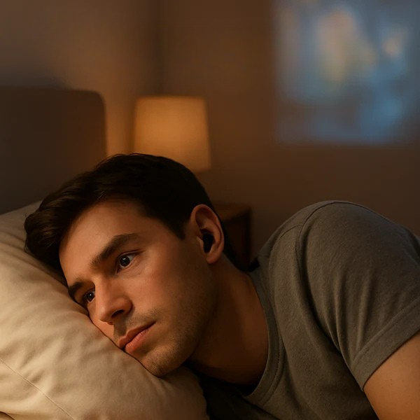 Person lying in bed with earbuds, lamp in background.